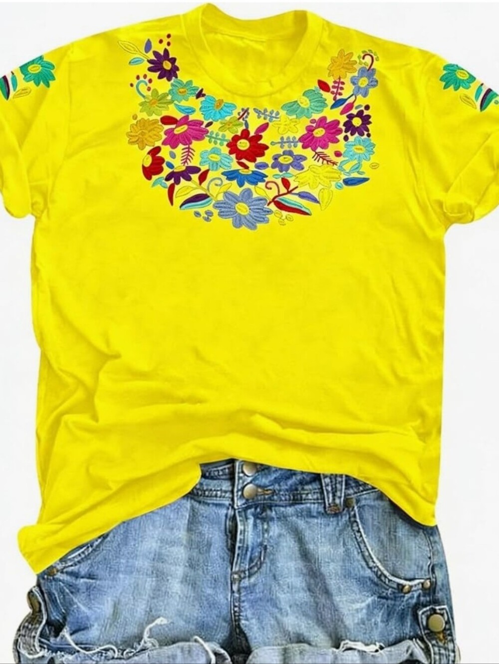 Bright Yellow Floral Embroidered Tee
